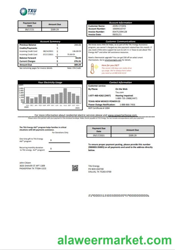 USA Texas TXU Energy utility bill template in Word and PDF format